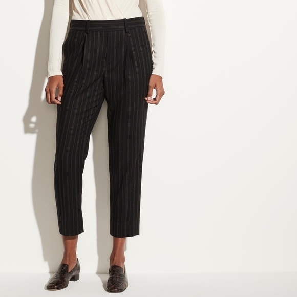 Vince Black Wool Blend Flannel Pull on Stripe Crop Trousers - Picture 1 of 10